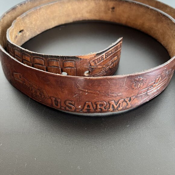 vintage 70s belt brown tooled leather U.S. ARMY cold steel brass CHRIS buckle XL - Picture 11 of 15